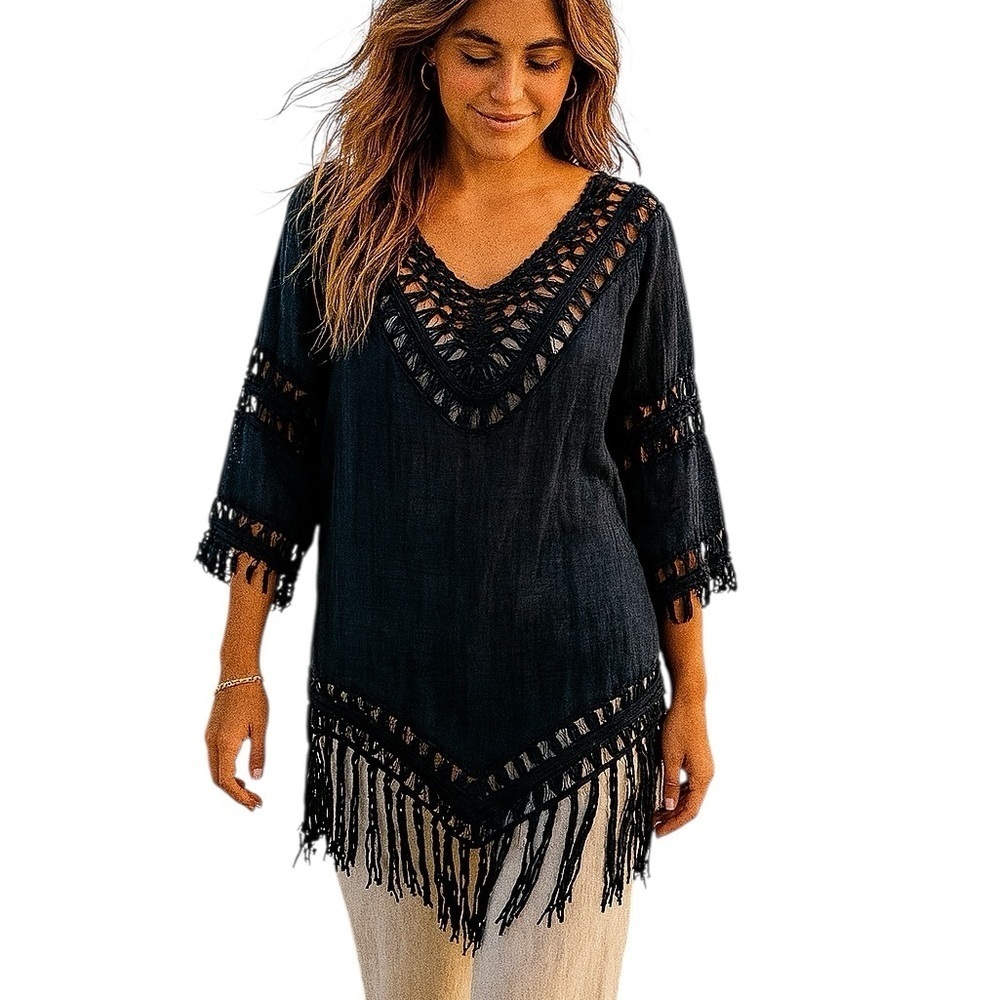 Black Gauzy Linen Swimsuit Coverup Fringe Beach Vacation